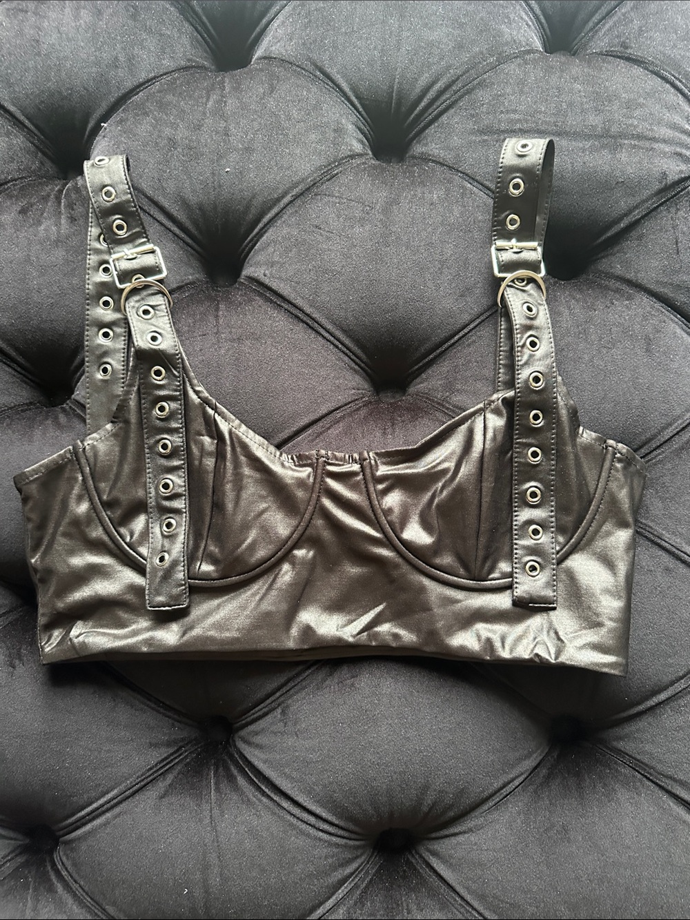 Black Faux Leather Grommet-Strap Bralette